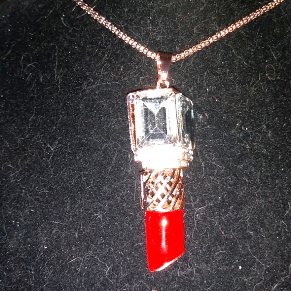 Red Lipstick in a Crystal Tube Pendant Necklace